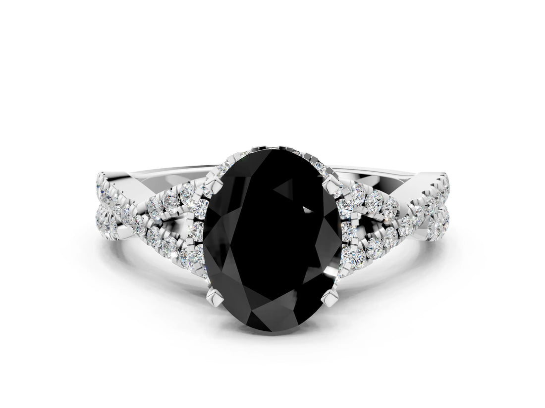 White gold Fancy Black Oval Cut Diamond Halo Twist Band Solitaire Prong Setting Ring