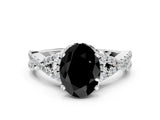 White gold Fancy Black Oval Cut Diamond Halo Twist Band Solitaire Prong Setting Ring