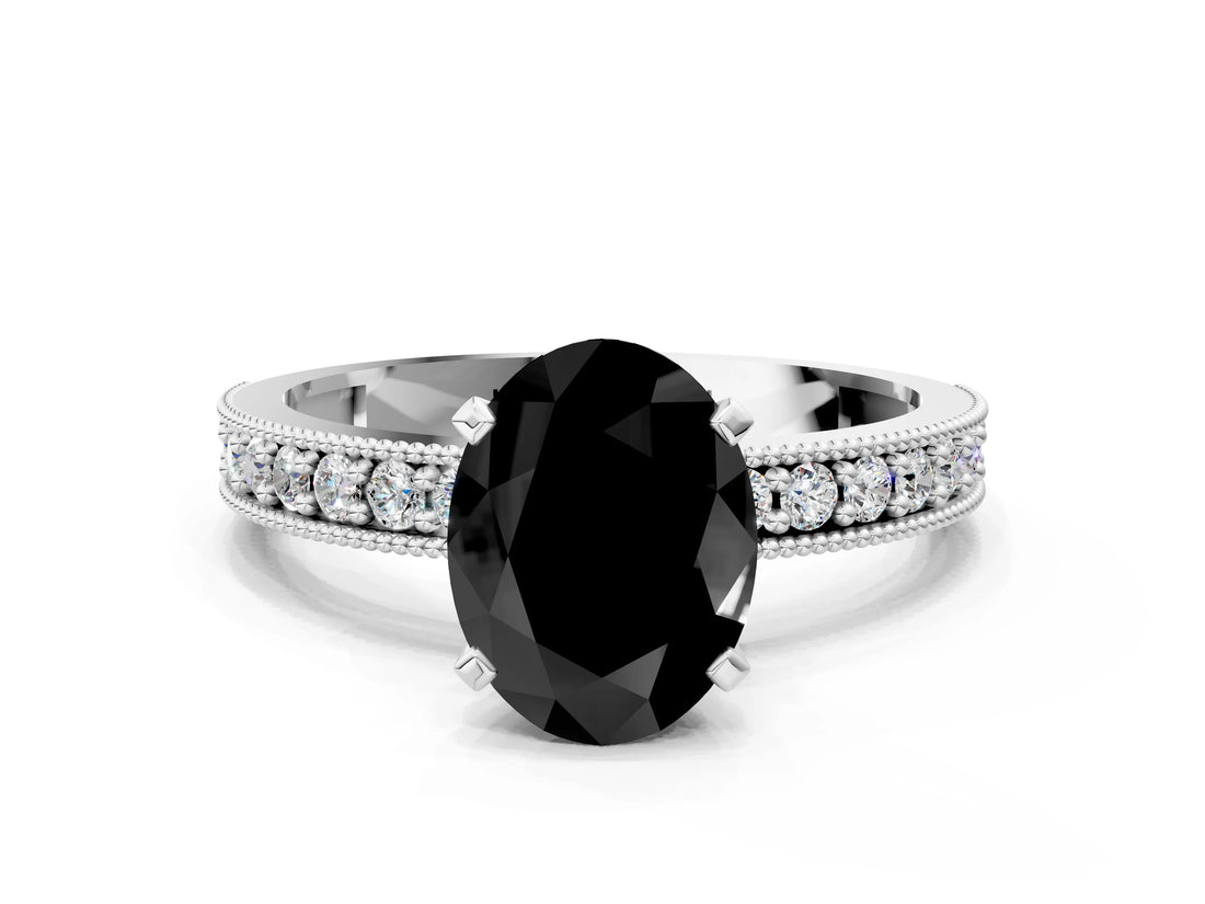 White gold Fancy Black Oval Cut Diamond Milgrain Pavé Engagement Ring with Four-Prong Setting