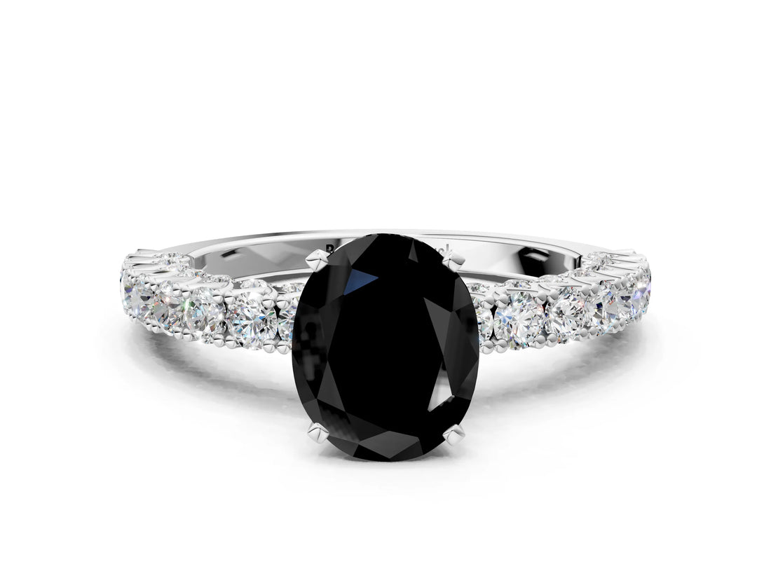 White gold Fancy Black Oval Cut Diamond Pavé Band Solitaire Ring with Prong Setting_24