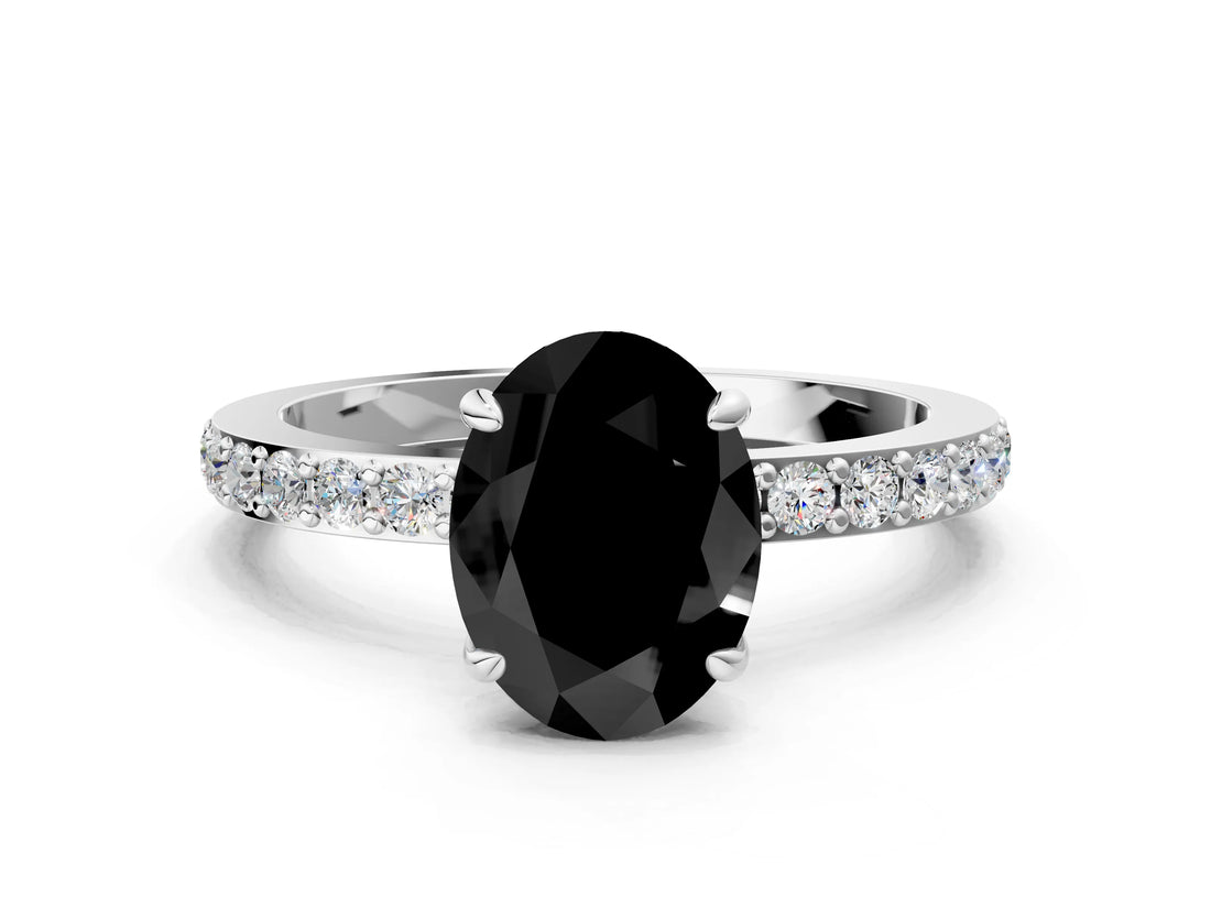 White gold Fancy Black Oval Cut Diamond Pavé Engagement Ring with Round  Accents and Prong Setting_24