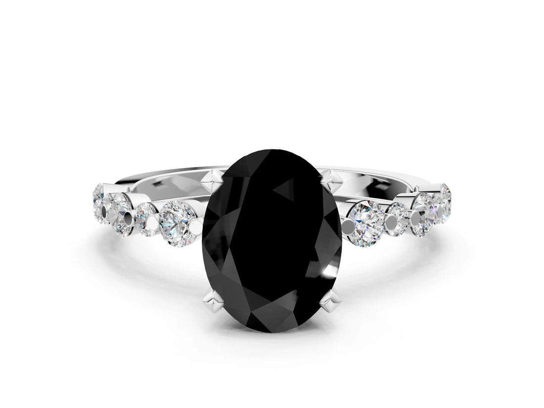 White gold Fancy Black Oval Cut Diamond Prong Set Engagement Ring with Pave Band