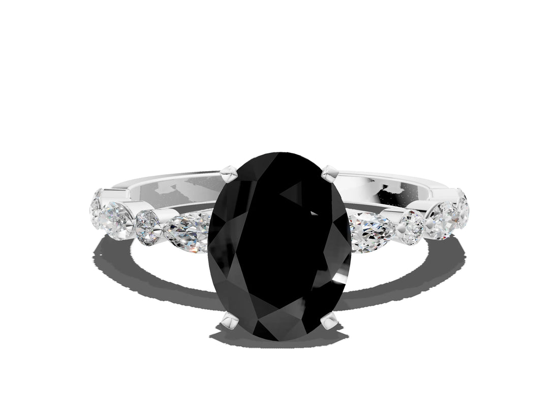 White gold Fancy Black Oval Cut Diamond Ring with Marquise and Round  Side Stones and Four-Prong Setting_48