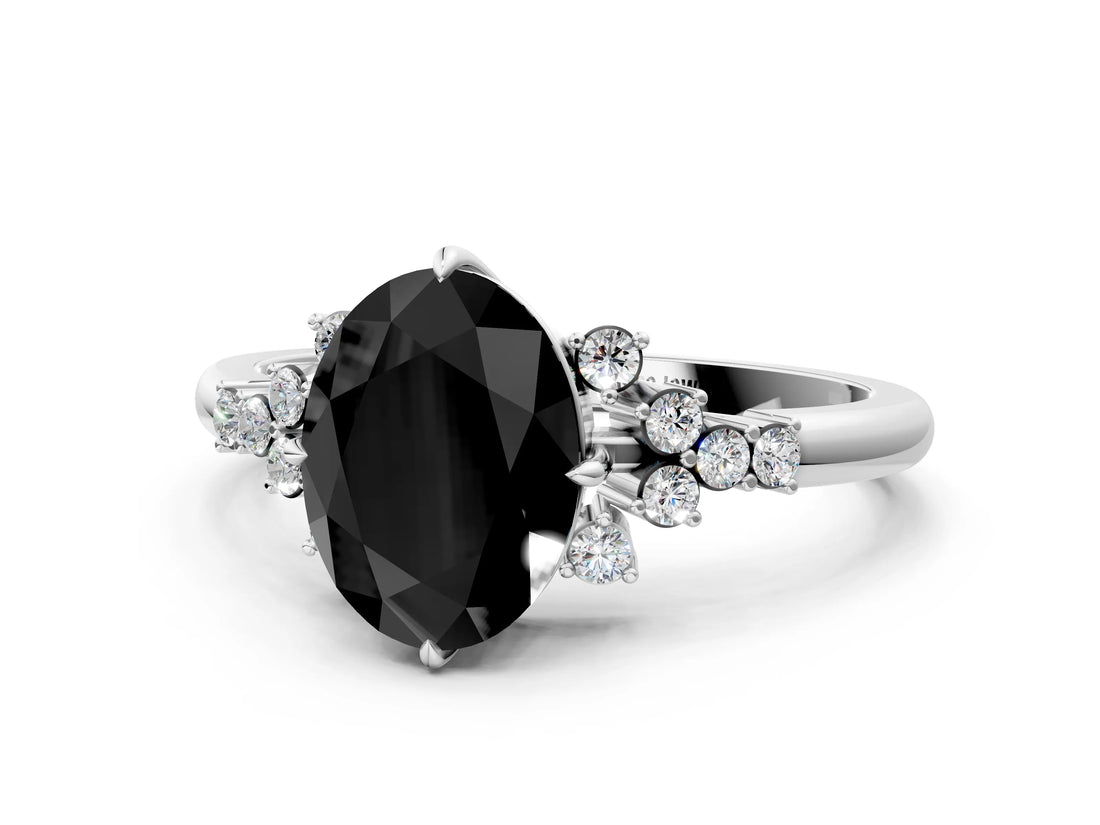 White gold Fancy Black Oval Cut Diamond Ring with Side Stones and Four-Prong Setting_108
