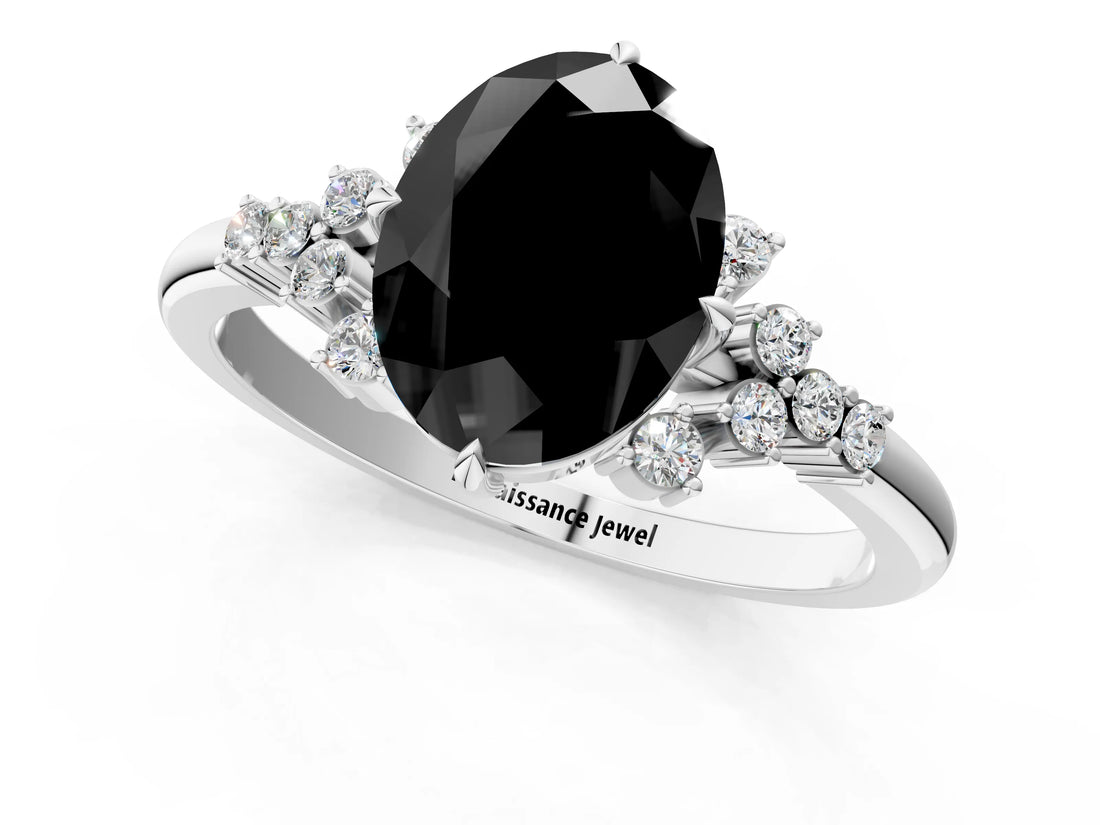 White gold Fancy Black Oval Cut Diamond Ring with Side Stones and Four-Prong Setting_13