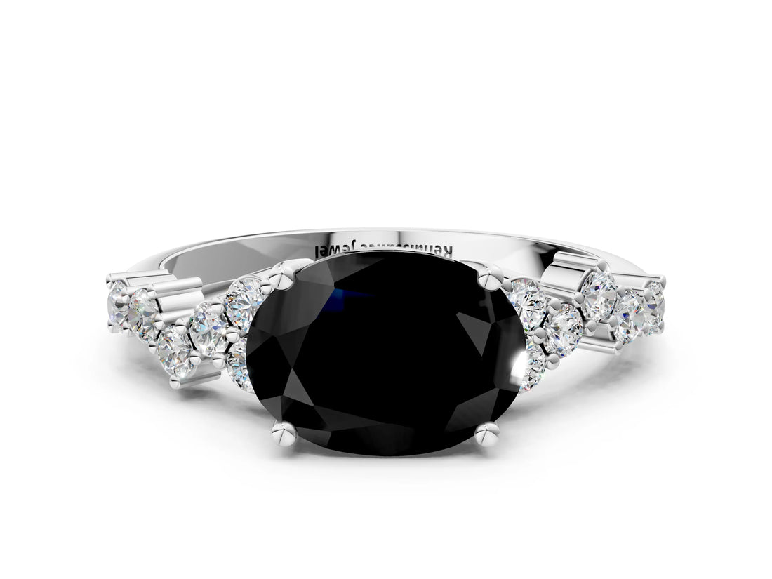 White gold Fancy Black Oval Cut Diamond Scattered Round Accent Ring with Prong Setting_12