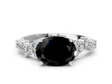 White gold Fancy Black Oval Cut Diamond Scattered Round Accent Ring with Prong Setting_12
