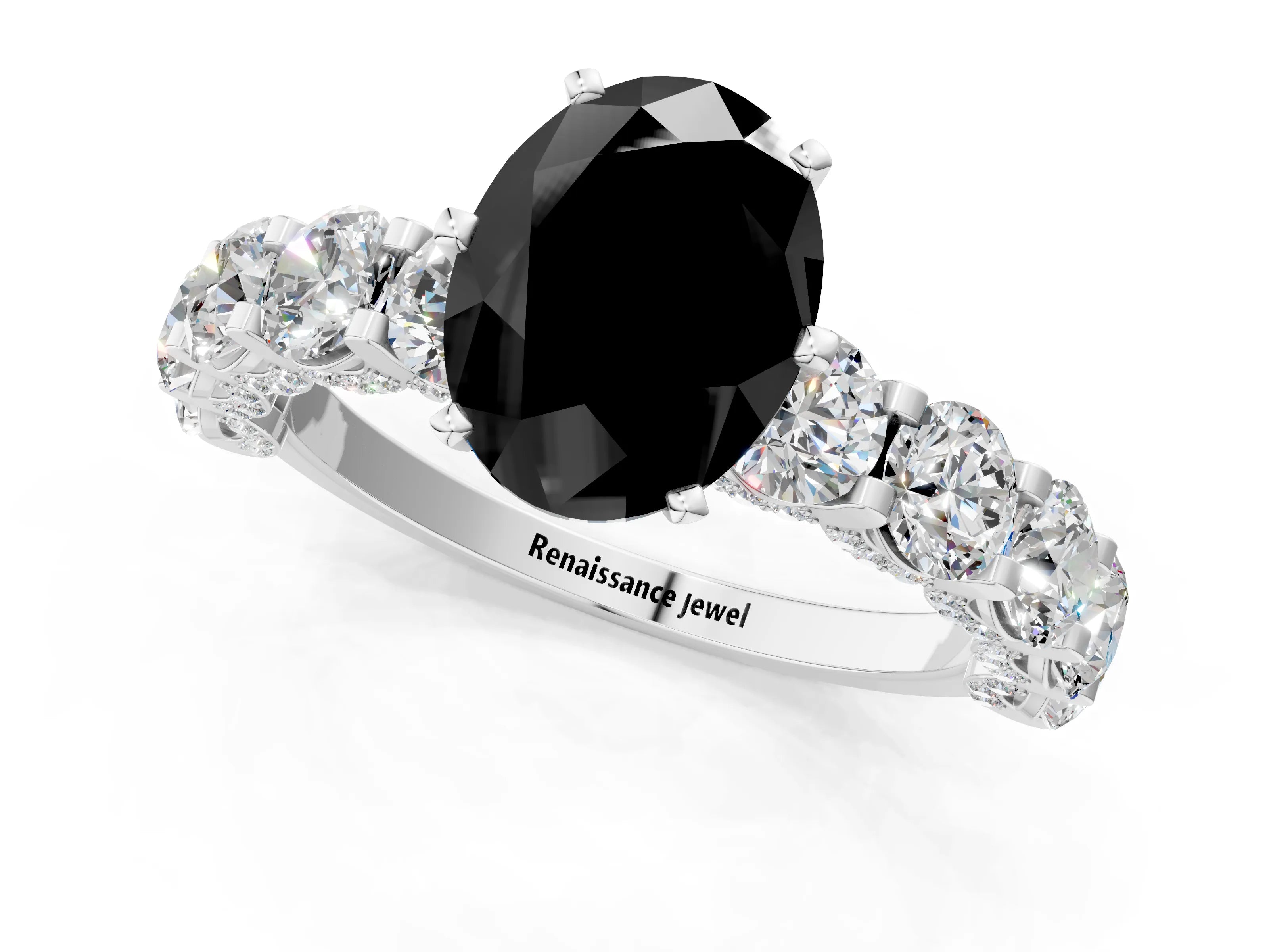 White gold Fancy Black Oval Cut Diamond Side Stone Engagement Ring with Four-Prong Setting_31