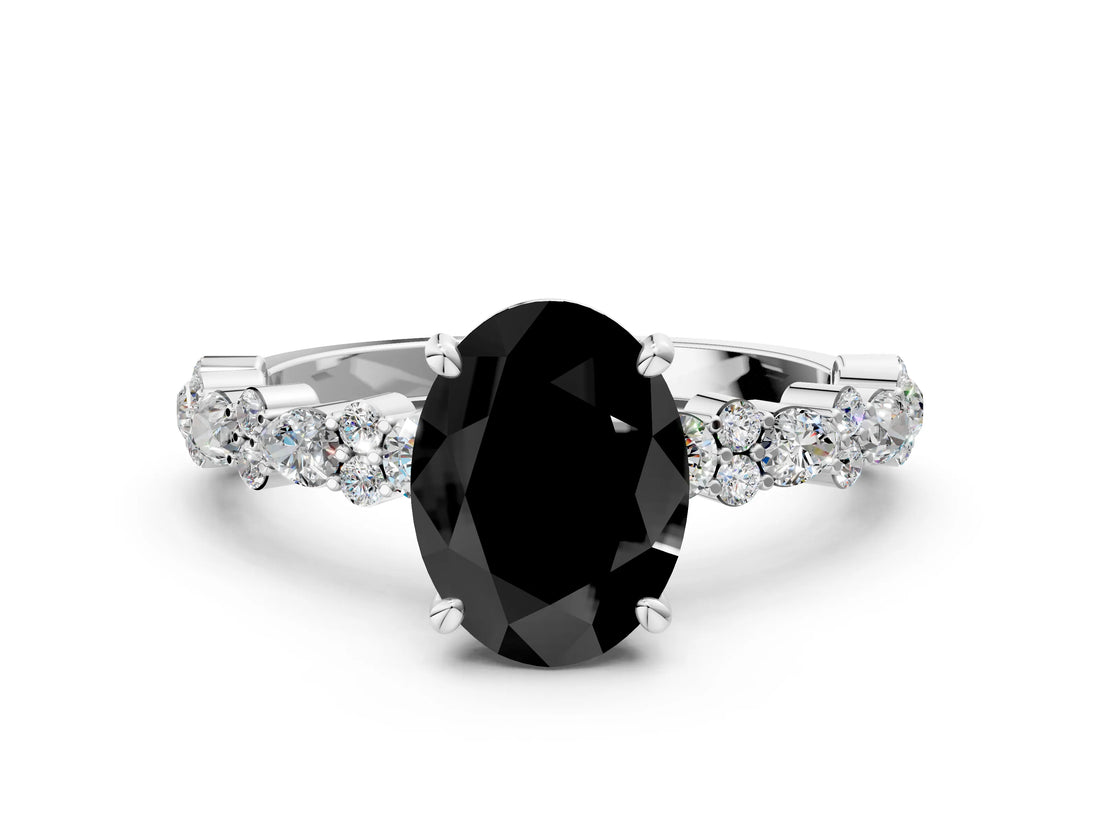 White gold Fancy Black Oval Cut Diamond Side Stone Solitaire Ring with Round  and Four-Prong Setting_12