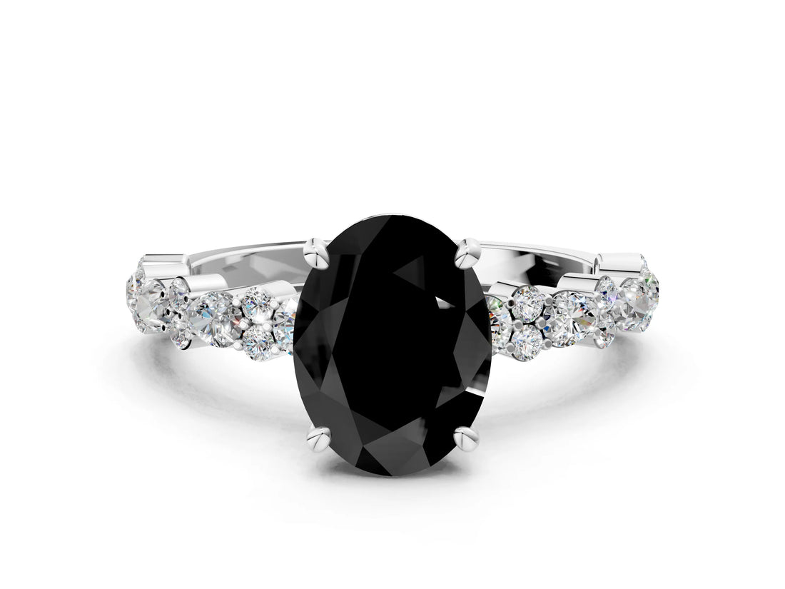 White gold Fancy Black Oval Cut Diamond Side Stone Solitaire Ring with Round  and Four-Prong Setting_48
