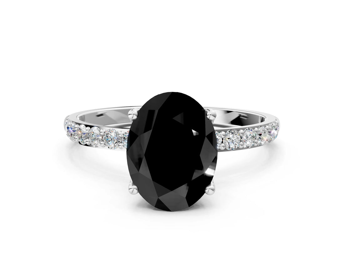 White gold Fancy Black Oval Cut Diamond Solitaire Engagement Ring with Pavé Band and Prong Setting