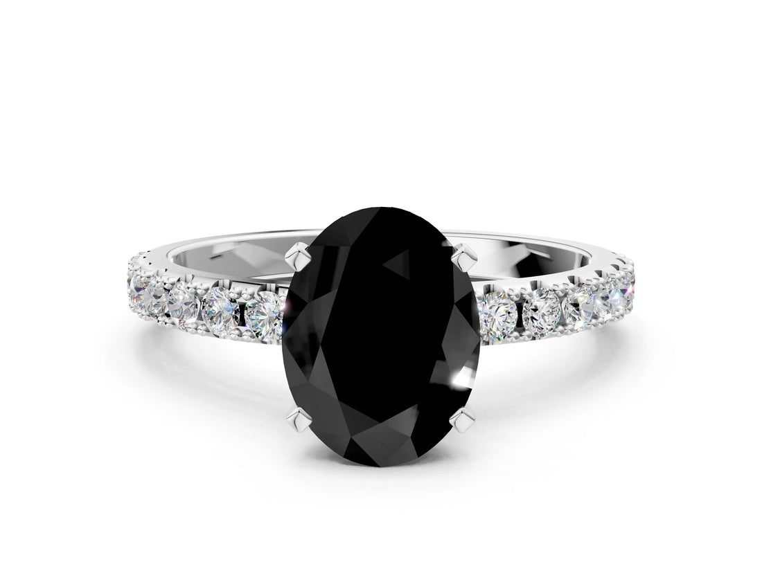 White gold Fancy Black Oval Cut Diamond Solitaire Pavé Band with Four-Prong Setting
