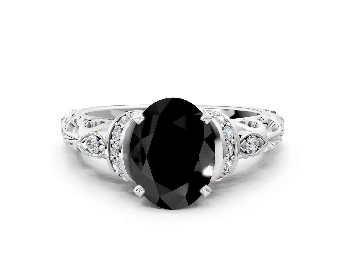White gold Fancy Black Oval Cut Diamond Solitaire Ring with Filigree Band and Four-Prong Setting_12
