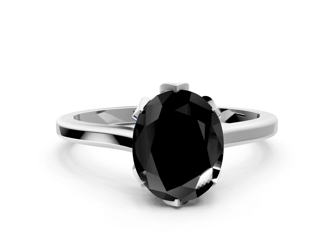 White gold Fancy Black Oval Cut Diamond Solitaire Ring with Flower Prong Setting and Classic Band_30