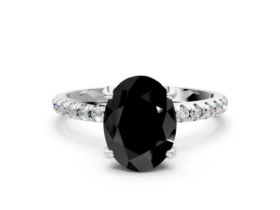White gold Fancy Black Oval Cut Diamond Solitaire Ring with Four-Prong Setting and Pavé Band_15