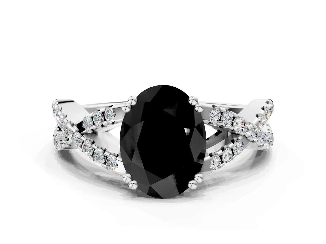 White gold Fancy Black Oval Cut Diamond Solitaire Ring with Four-Prong Setting and Twisted Pavé Band_12