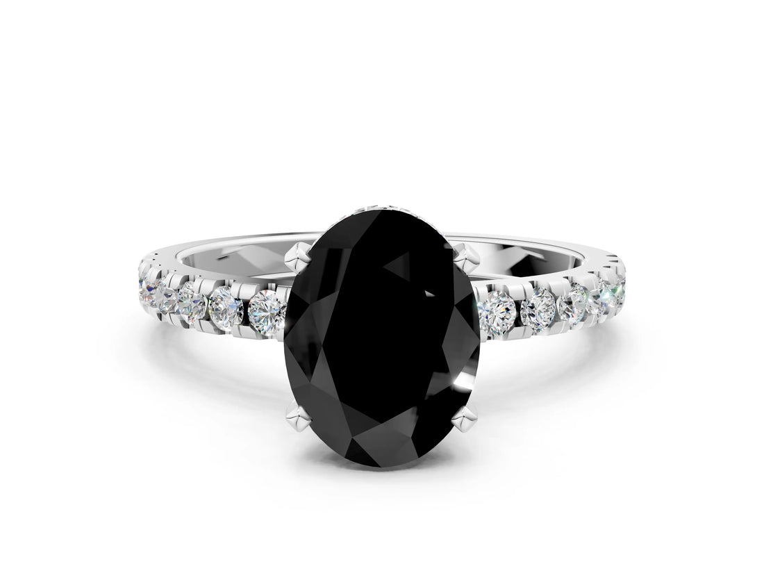 White gold Fancy Black Oval Cut Diamond Solitaire Ring with Pavé Band and Four-Prong Setting_24