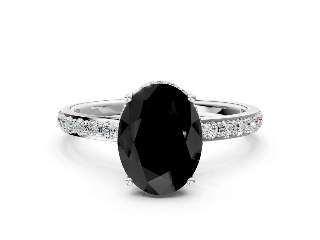 White gold Fancy Black Oval Cut Diamond Solitaire Ring with Pavé Band and Hidden Halo_24