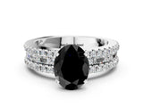White gold Fancy Black Oval Cut Diamond Solitaire Ring with Pavé and Channel Set Band