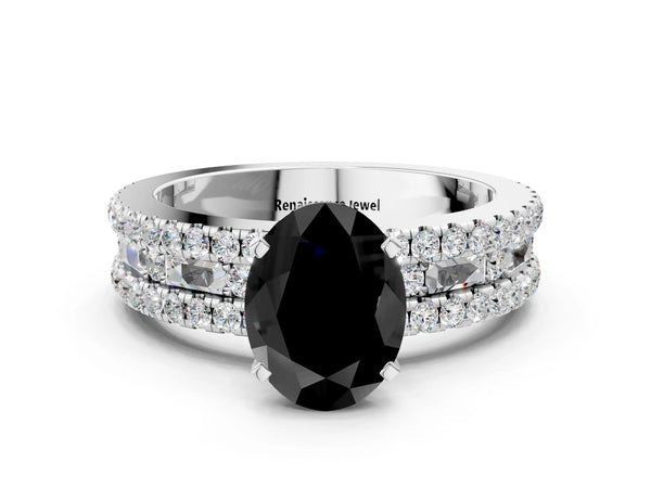 Platinum Oval Pave and Baguette Engagement Ring Setting for Black Center