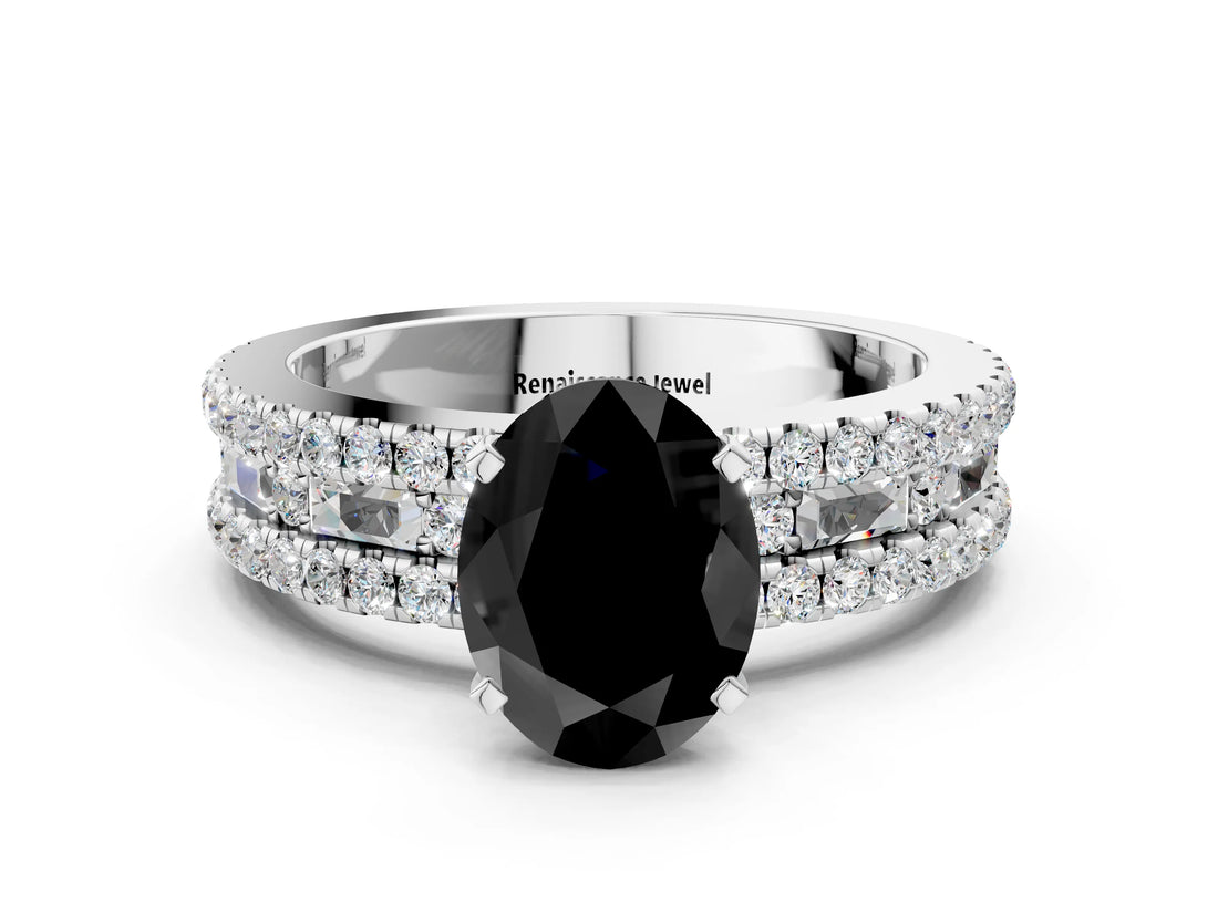 White gold Fancy Black Oval Cut Diamond Solitaire Ring with Pavé and Channel Set Band