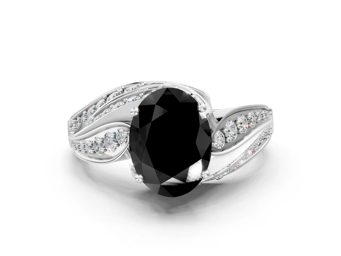 White gold Fancy Black Oval Cut Diamond Solitaire Ring with Prong Setting and Twisted Pavé Band_12