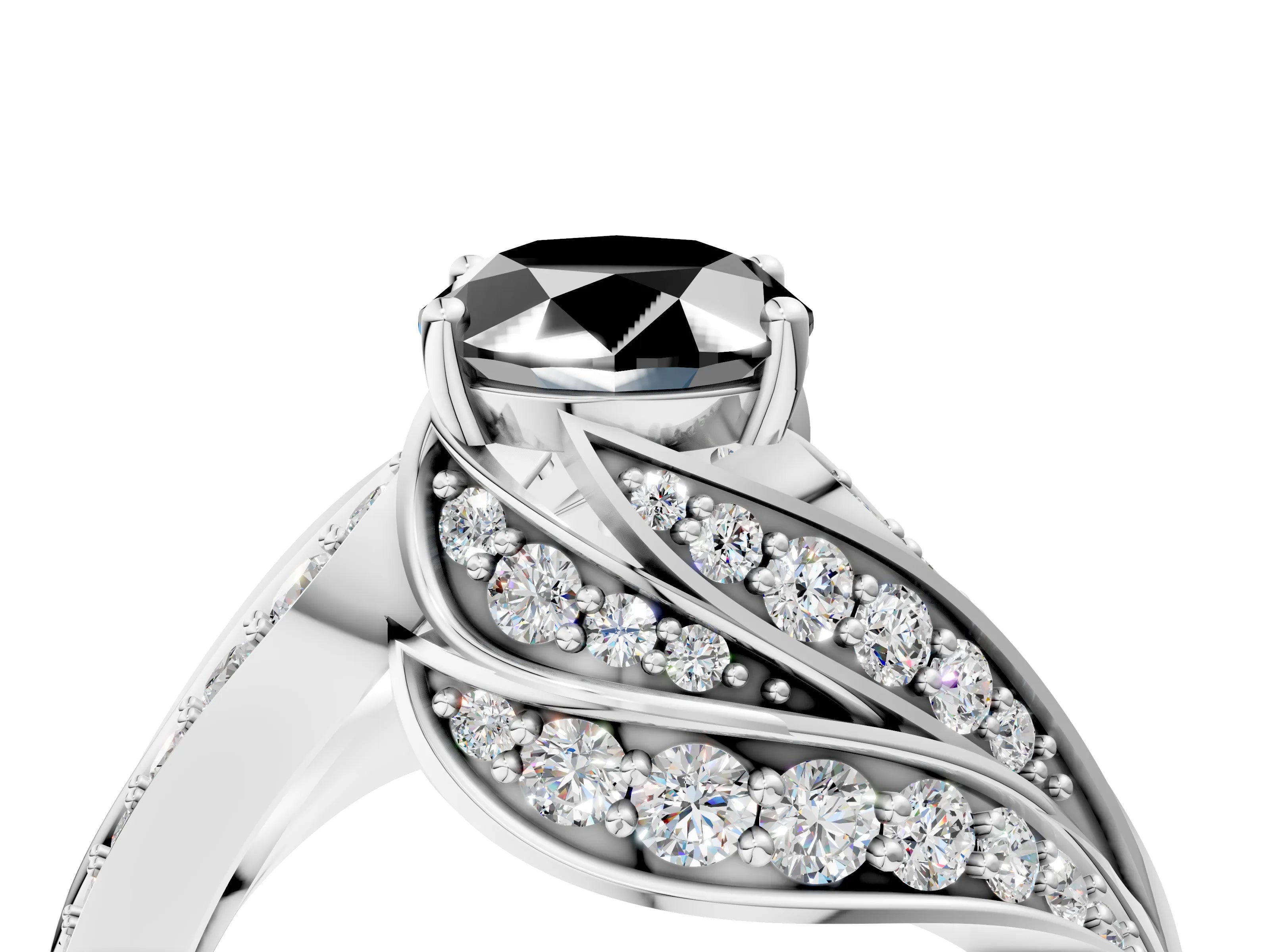 White gold Fancy Black Oval Cut Diamond Solitaire Ring with Prong Setting and Twisted Pavé Band_16