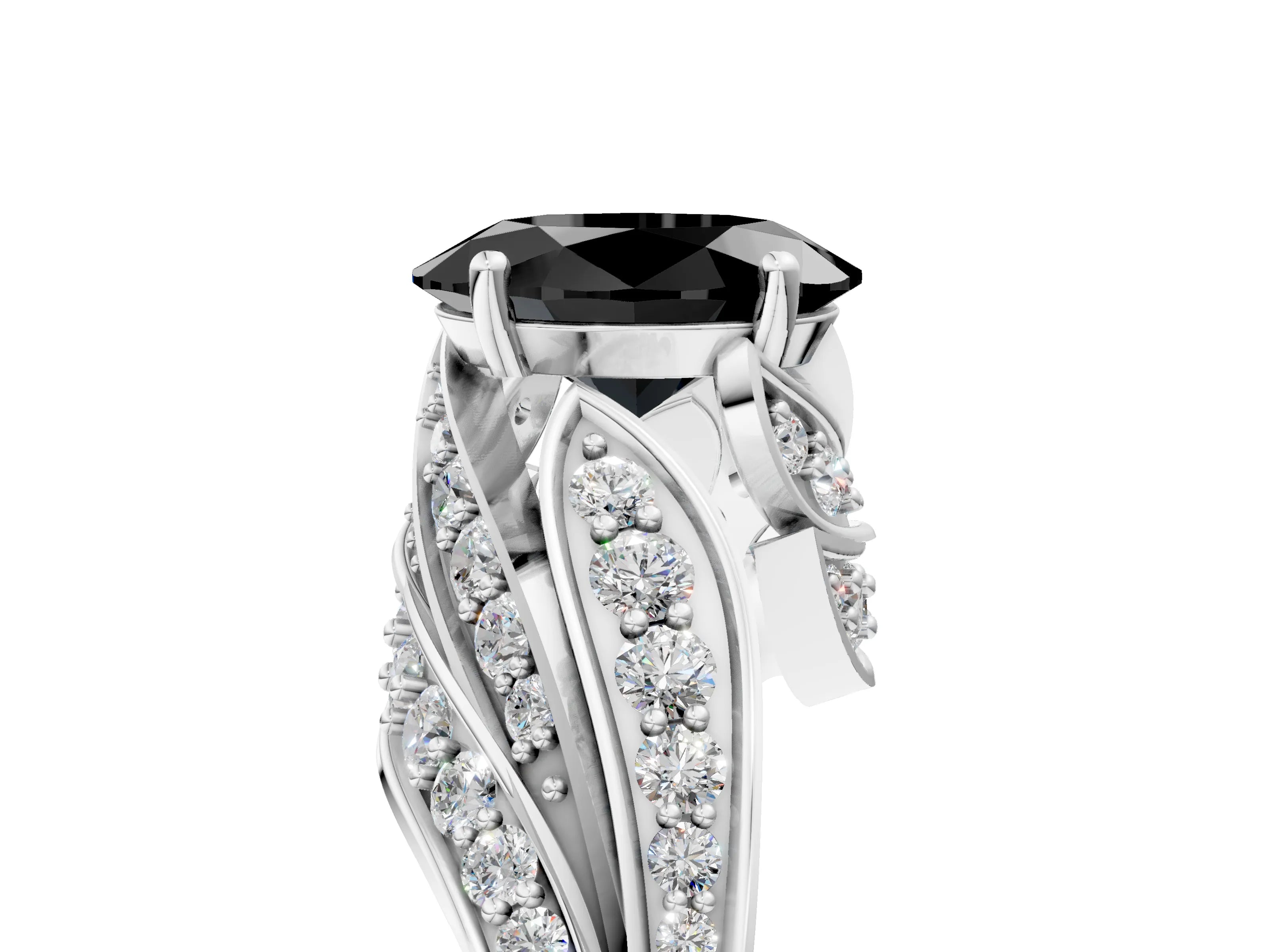 White gold Fancy Black Oval Cut Diamond Solitaire Ring with Prong Setting and Twisted Pavé Band_17