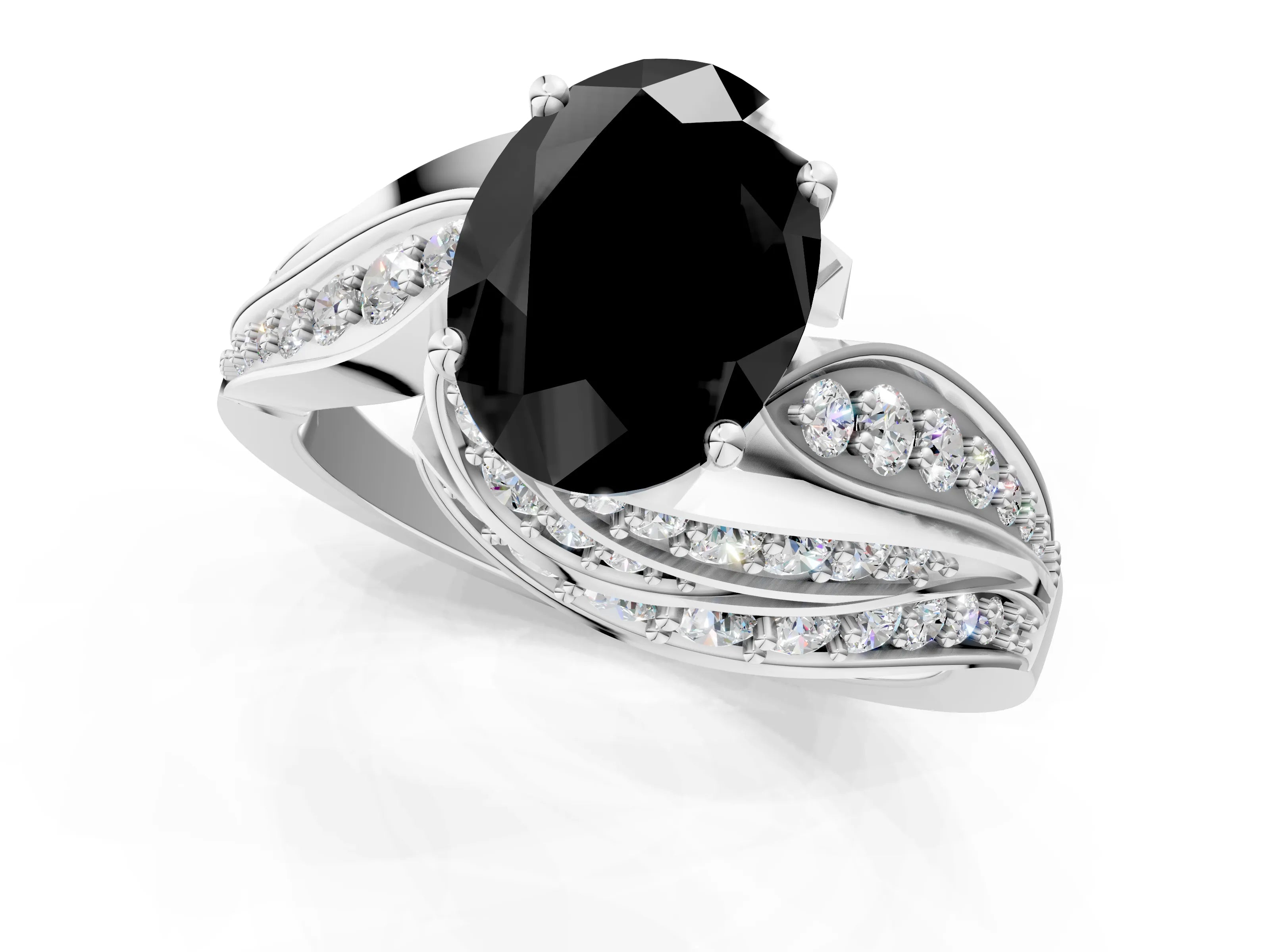 White gold Fancy Black Oval Cut Diamond Solitaire Ring with Prong Setting and Twisted Pavé Band_1