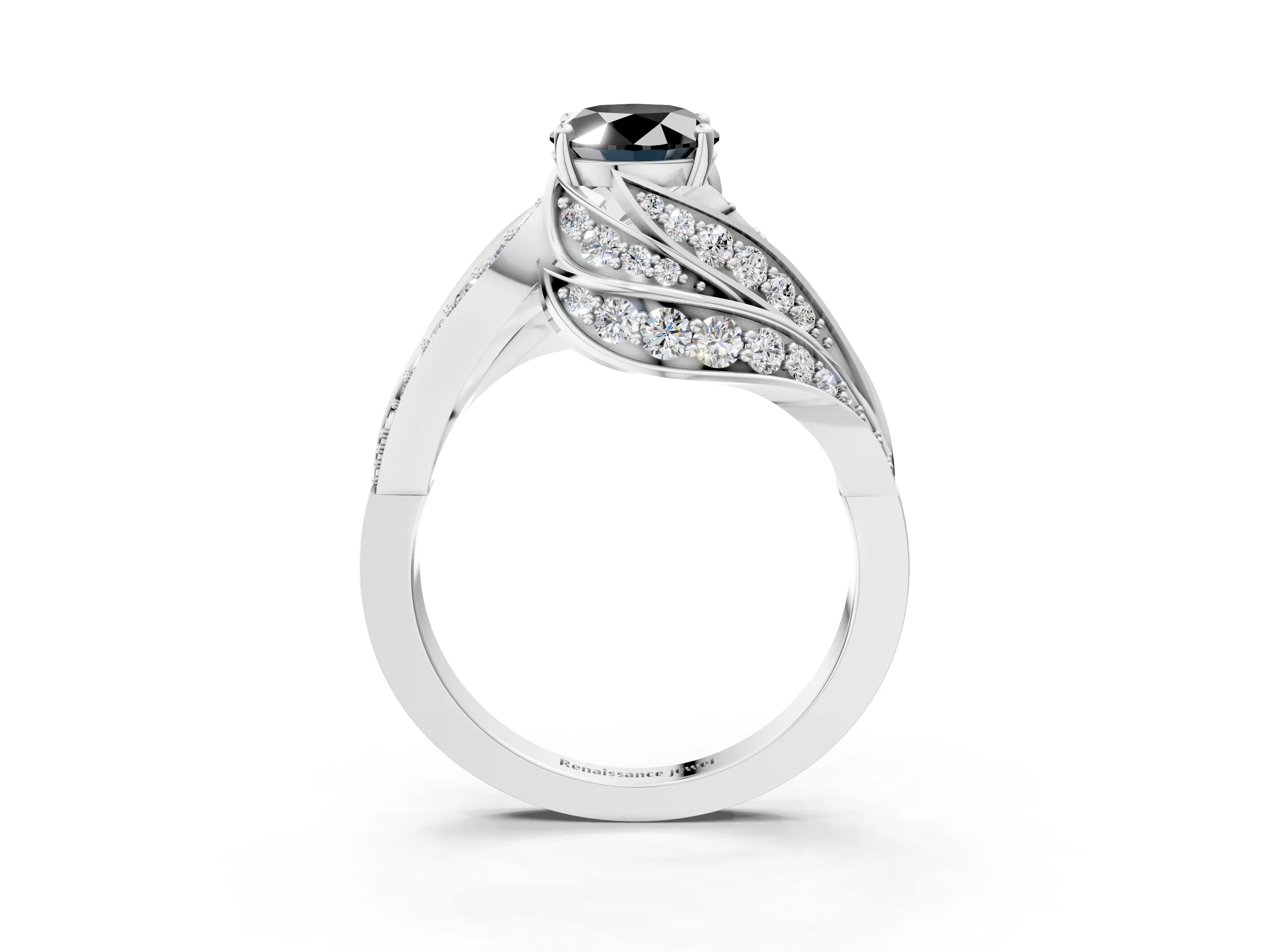 White gold Fancy Black Oval Cut Diamond Solitaire Ring with Prong Setting and Twisted Pavé Band_3