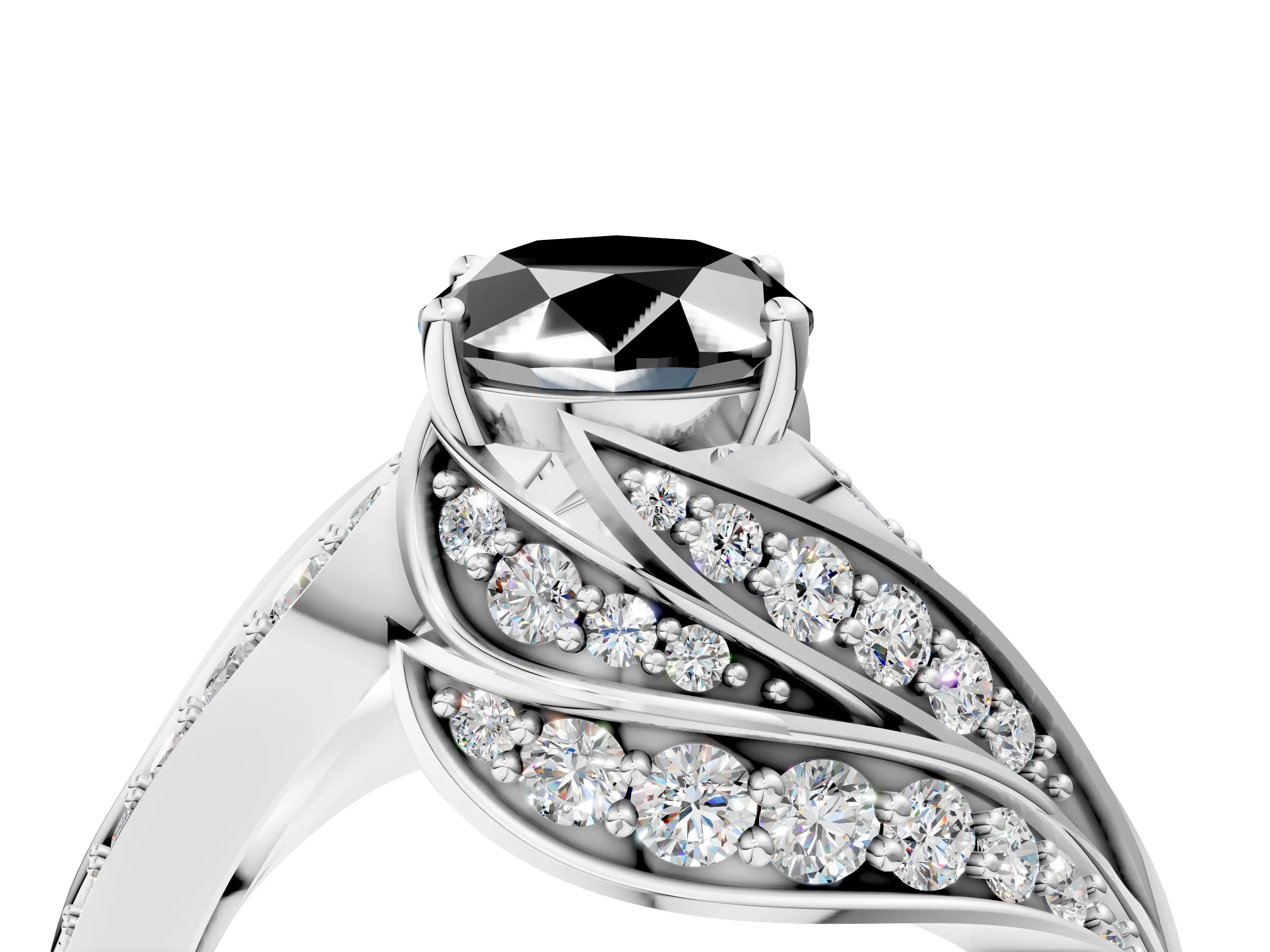White gold Fancy Black Oval Cut Diamond Solitaire Ring with Prong Setting and Twisted Pavé Band_4
