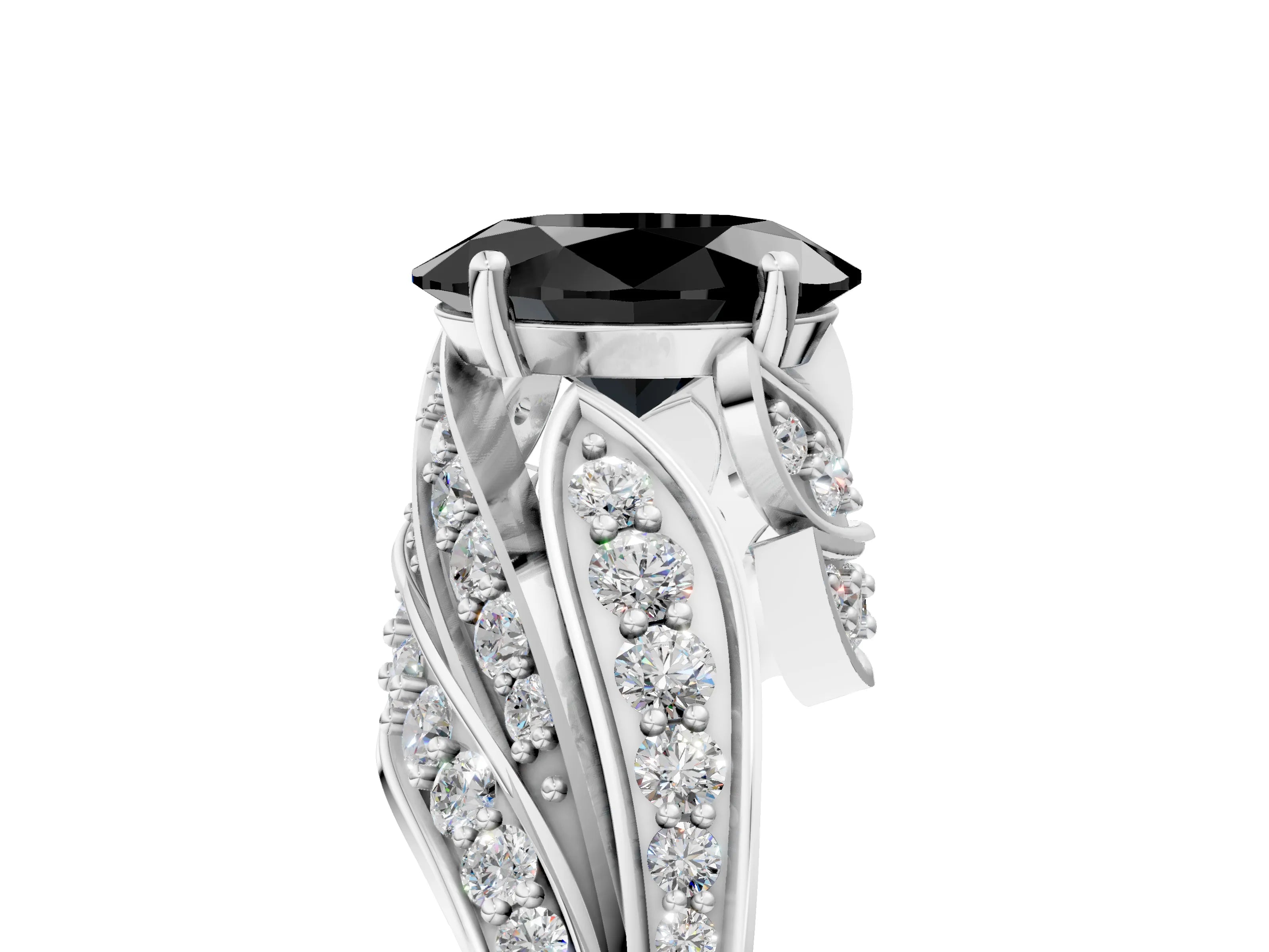 White gold Fancy Black Oval Cut Diamond Solitaire Ring with Prong Setting and Twisted Pavé Band_5