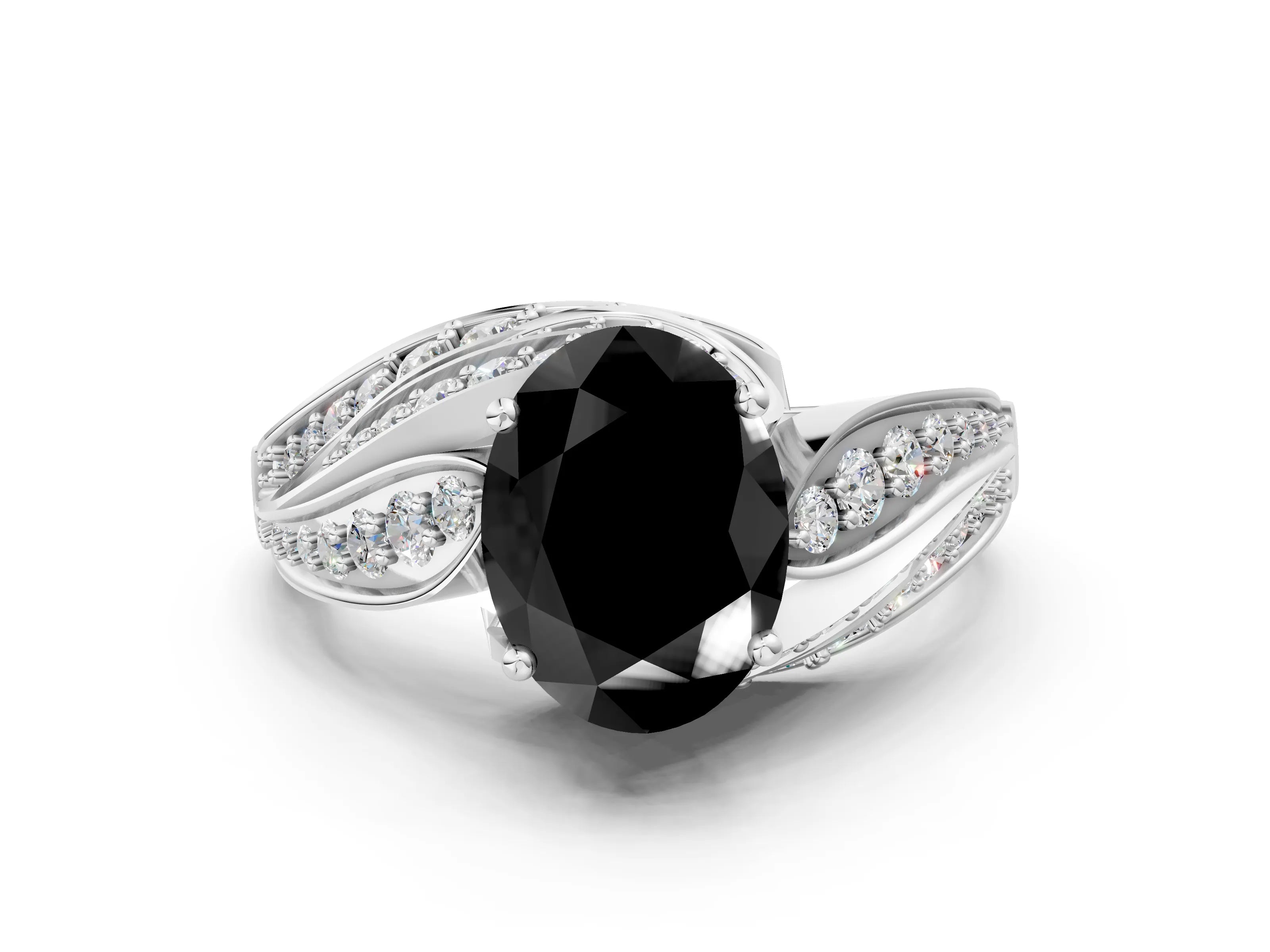 White gold Fancy Black Oval Cut Diamond Solitaire Ring with Prong Setting and Twisted Pavé Band