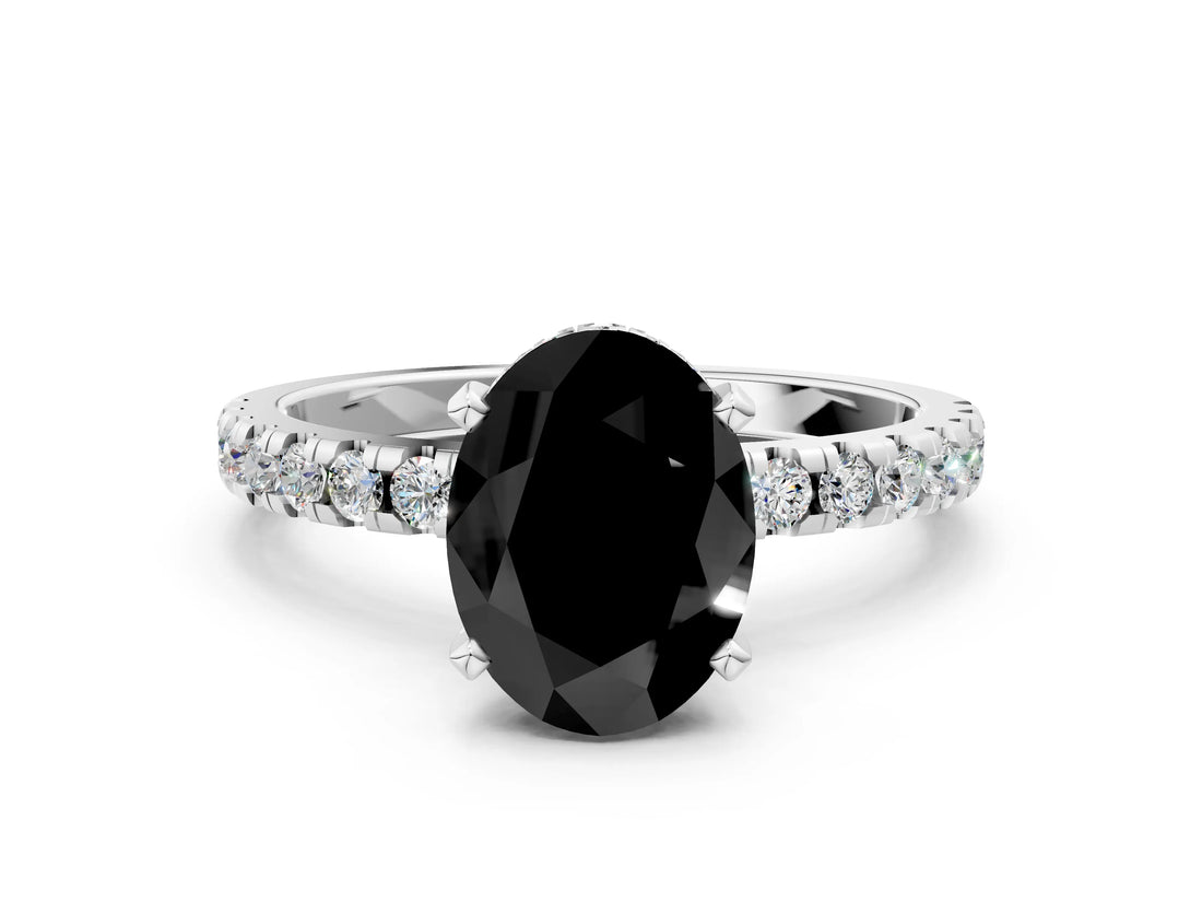 White gold Fancy Black Oval Cut Diamond Solitaire Ring with Round  Pavé Band and Four-Prong Setting_48