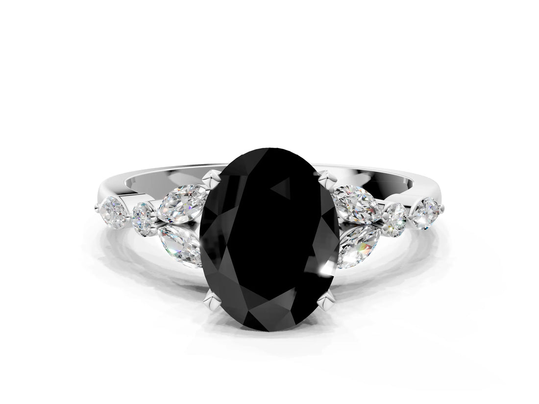 White gold Fancy Black Oval Cut Diamond Solitaire Ring with Side Stones and Four-Prong Setting_72