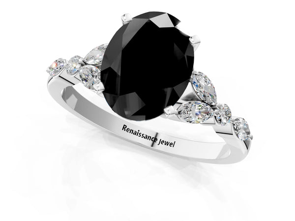 White Gold Oval Marquise Side Stone Engagement Ring Setting for Black Center