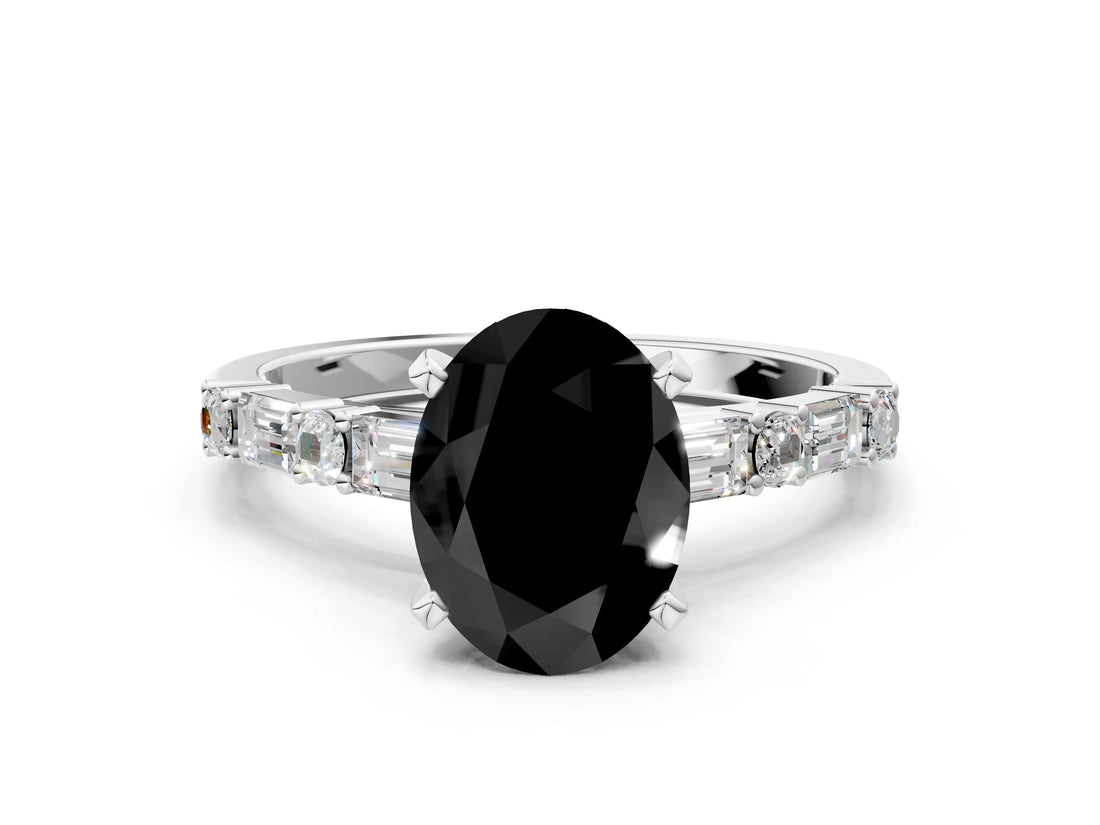 White gold Fancy Black Oval Cut Diamond Solitaire with Side Baguettes and Channel Set Band