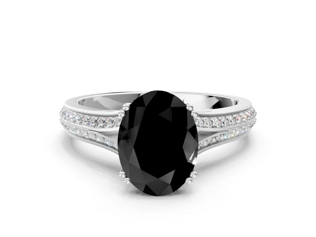 White gold Fancy Black Oval Cut Diamond Split Shank Engagement Ring with Pavé Band