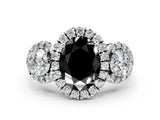 White gold Fancy Black Oval Cut Diamond Three-Stone Halo Ring with Prong Setting and Pavé Accents