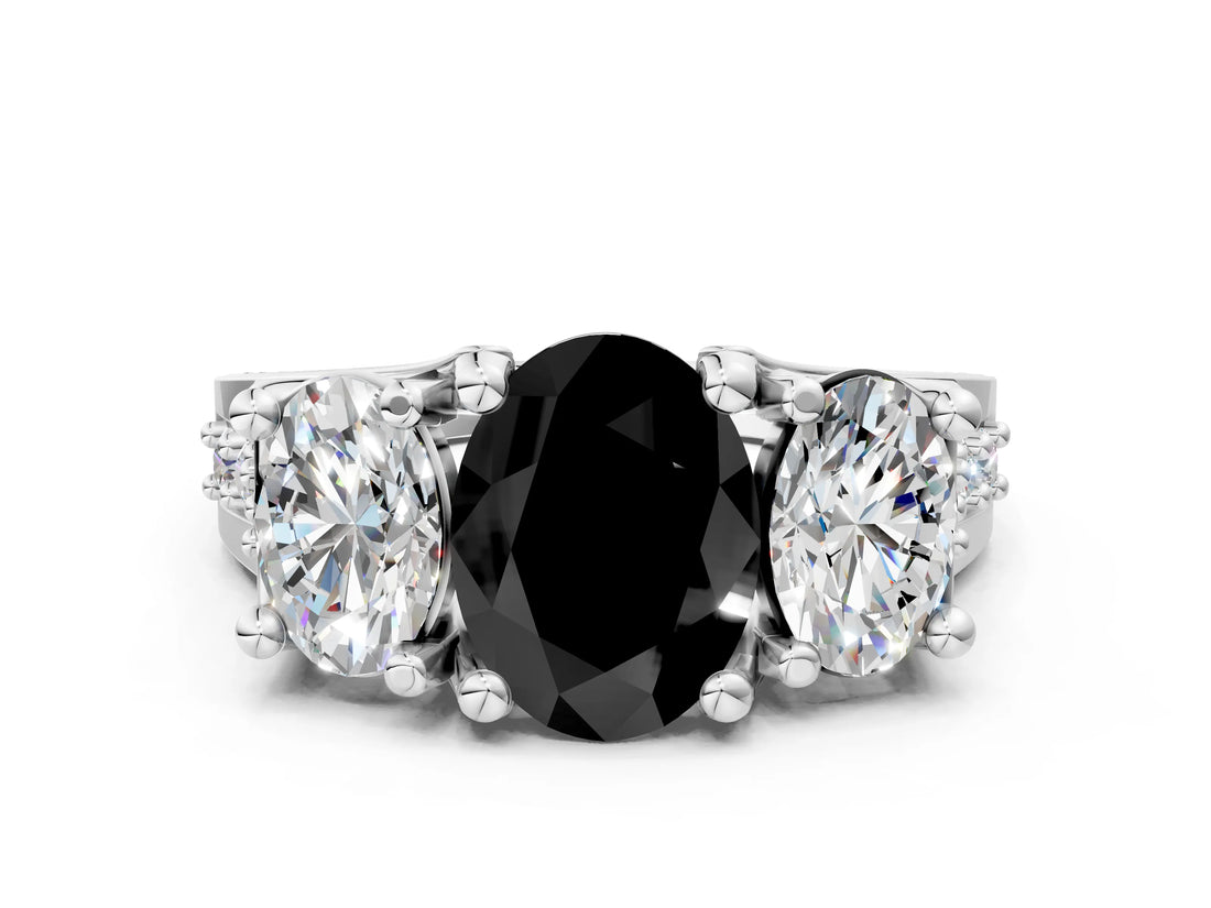 White gold Fancy Black Oval Cut Diamond Three-Stone Ring with Channel Set Band and Four-Prong Setting_24
