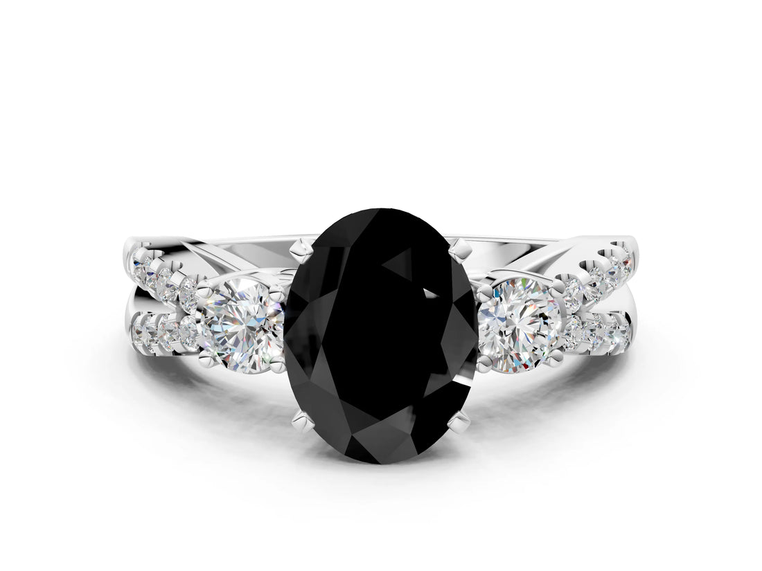 White gold Fancy Black Oval Cut Diamond Three-Stone Ring with Pavé Split Shank and Four-Prong Setting
