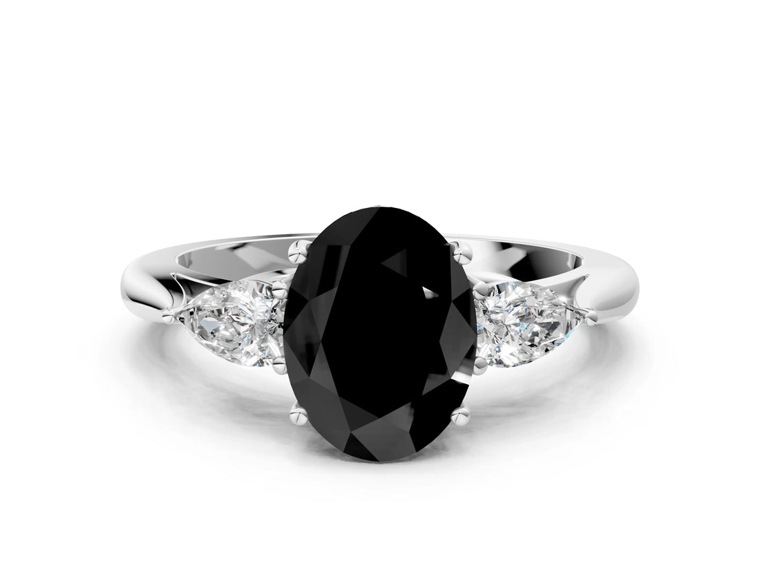 White gold Fancy Black Oval Cut Diamond Three-Stone Ring with Pear  Side Stones and Prong Setting_84