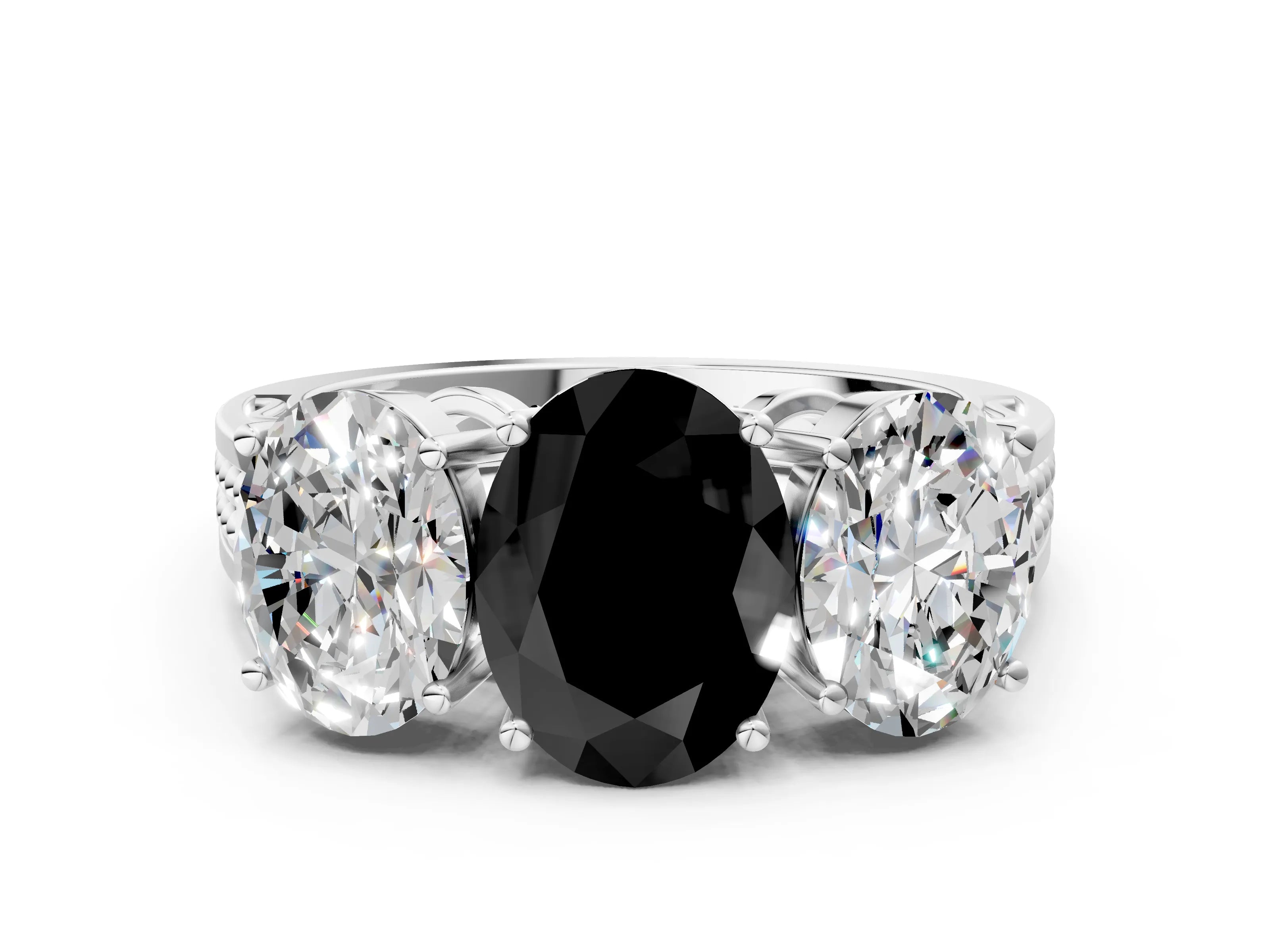 White gold Fancy Black Oval Cut Diamond Three-Stone Ring with Prong Setting and Textured Band_12