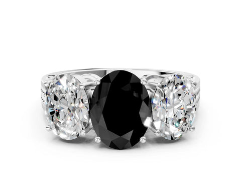 White gold Fancy Black Oval Cut Diamond Three-Stone Ring with Prong Setting and Textured Band_12