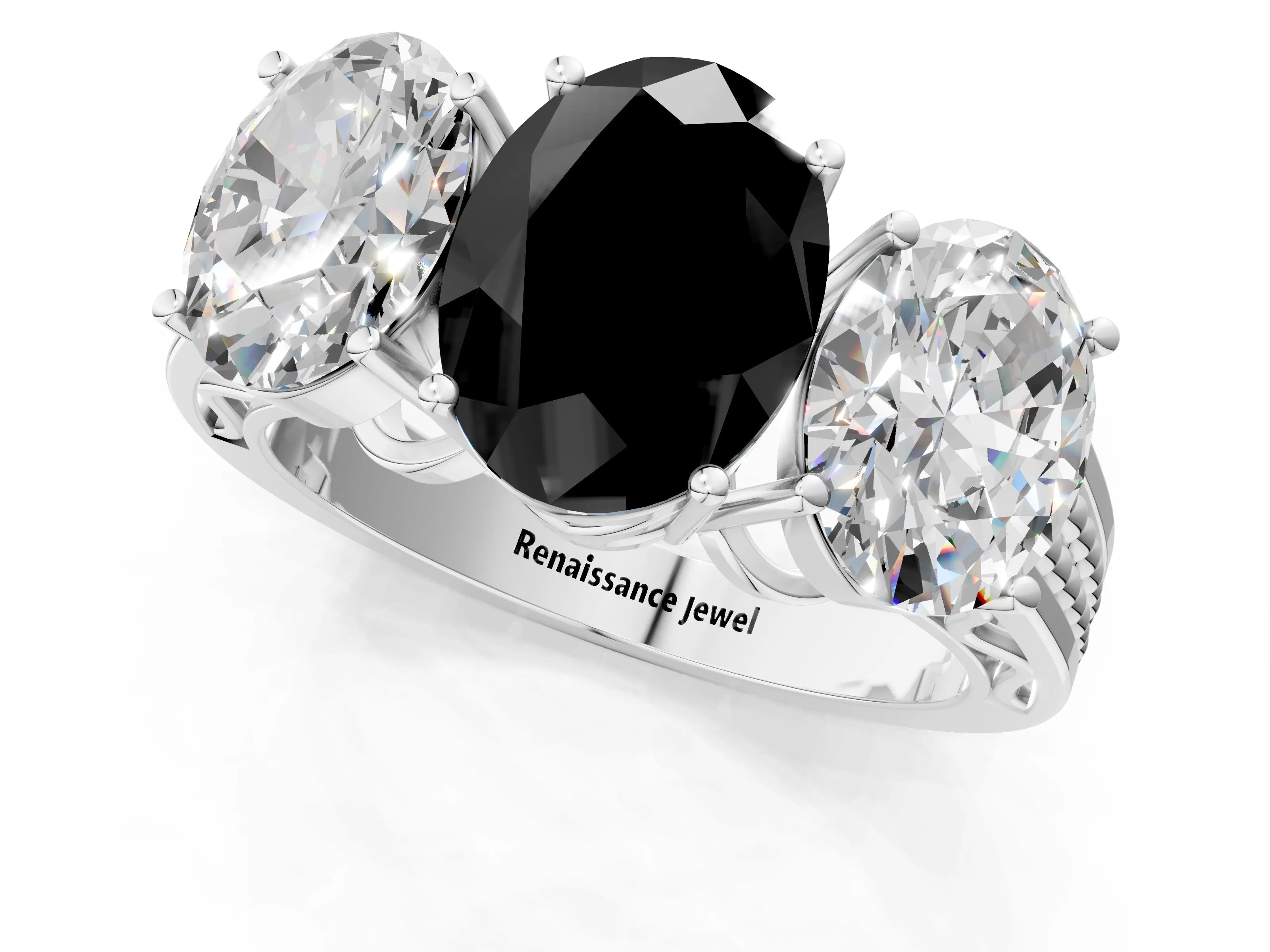 White gold Fancy Black Oval Cut Diamond Three-Stone Ring with Prong Setting and Textured Band_13