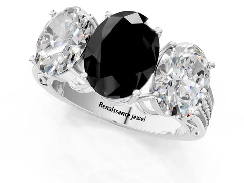 White gold Fancy Black Oval Cut Diamond Three-Stone Ring with Prong Setting and Textured Band_13