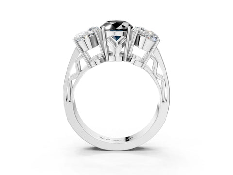 White gold Fancy Black Oval Cut Diamond Three-Stone Ring with Prong Setting and Textured Band_15