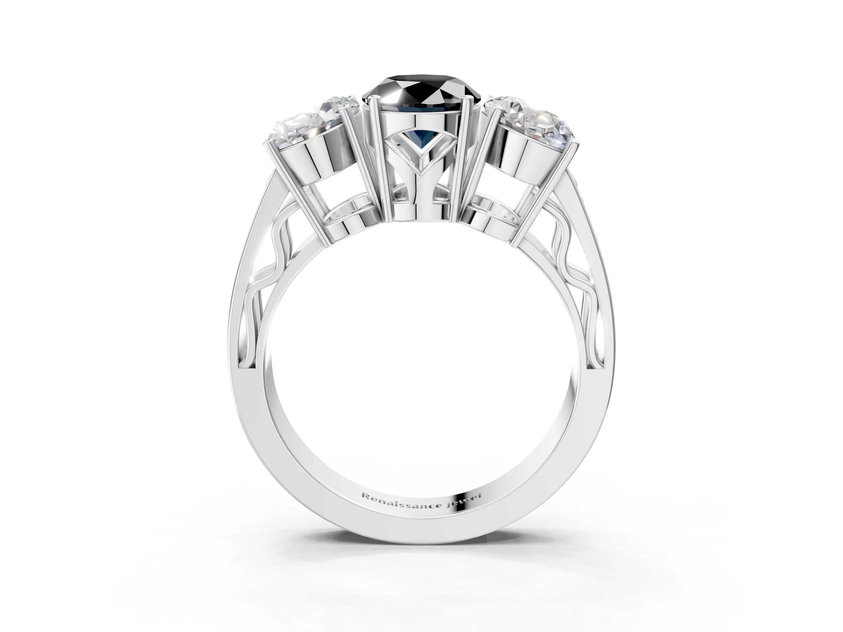 White gold Fancy Black Oval Cut Diamond Three-Stone Ring with Prong Setting and Textured Band_15