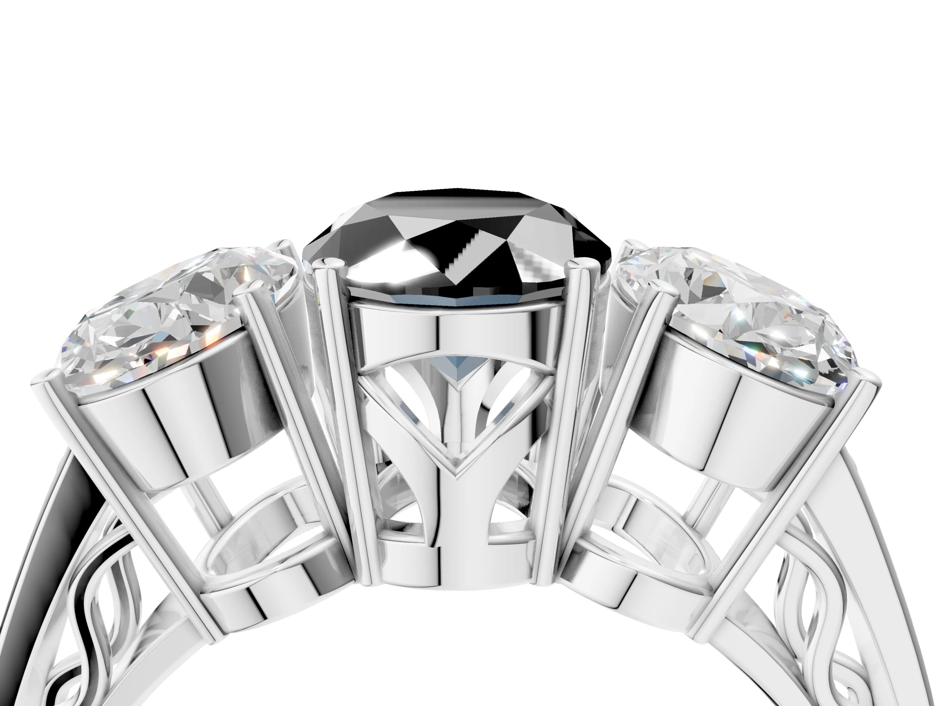 White gold Fancy Black Oval Cut Diamond Three-Stone Ring with Prong Setting and Textured Band_16