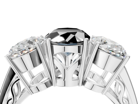 White gold Fancy Black Oval Cut Diamond Three-Stone Ring with Prong Setting and Textured Band_16